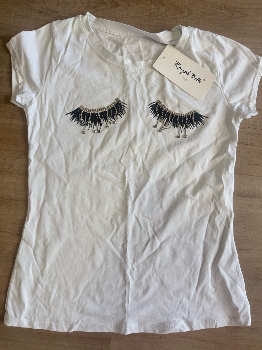 Royal Belle White Embellished Eyelash Motif Short Sleeve Tee